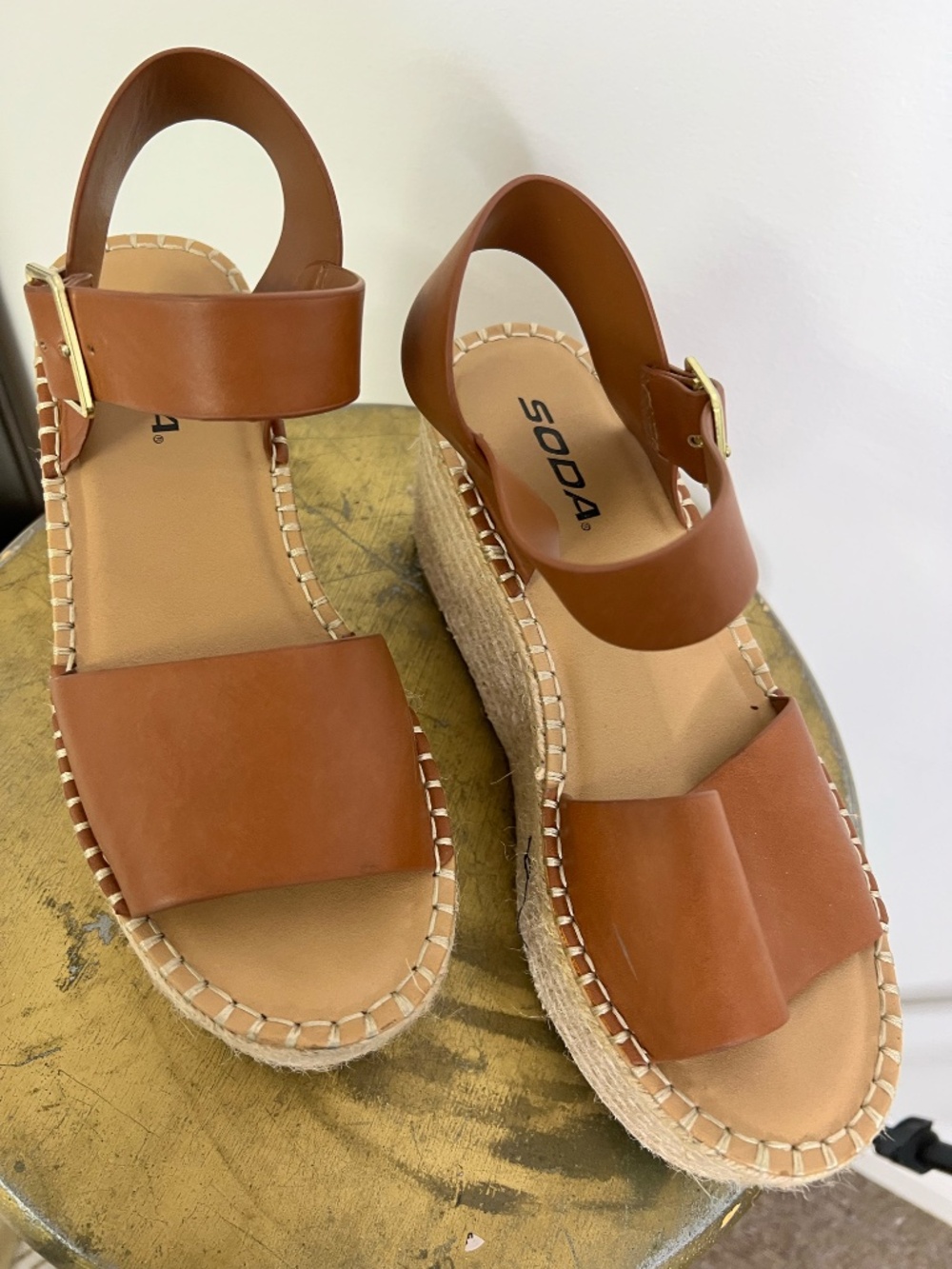🤎 Soda Cognac Espadrille Wedge Sandals Size 7 - Picture 2 of 7